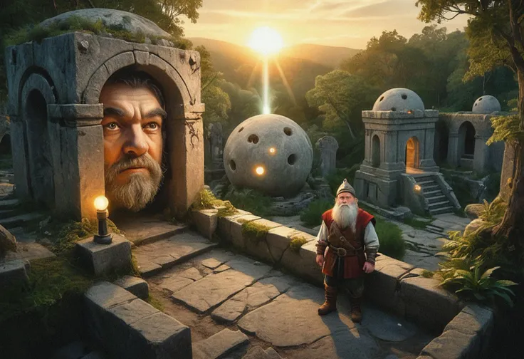 (medium full shot) of (long shot , birdâs eye view) of fearsome dwarf exploring ancient ruins, detailed face, located in a magical scene at a mystical forest during sunset with sunny weather, illuminated by sparkling orbs, creating a adventurous atmosphere, Masterpiece,best quality, photo, realistic, very aesthetic,