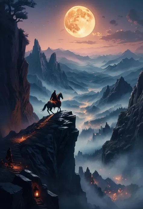 , (long shot ) of phantom horseman climbing a mystical mountain, detailed face, located in a magical scene at a ancient celestial realm during twilight with clear weather, illuminated by lantern light, creating a adventurous ethereal atmosphere, ,Masterpiece,best quality, photo, realistic, very aesthetic