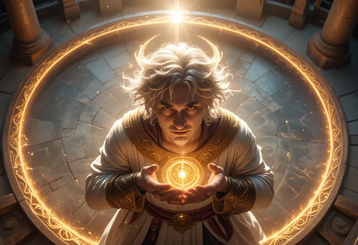(medium full shot) of (medium shot , from above) of celestial being summoning magic, detailed face, located in a magical scene at a ancient magical academy during morning with sunny weather, illuminated by sunlight, creating a mystical atmosphere, Masterpiece,best quality, photo, realistic, very aesthetic,
