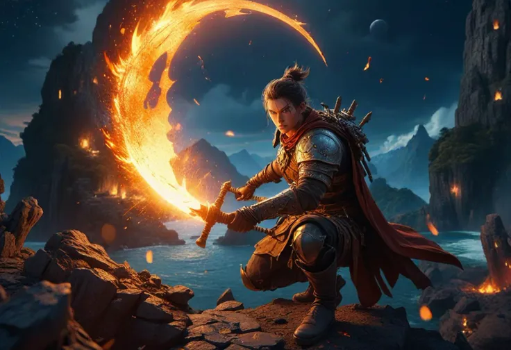 (medium shot , birdâs eye view) of heroic warrior forging a weapon, detailed face, located in a magical scene at a magical floating island during full moon night with sunny weather, illuminated by glowing embers, creating a epic magical atmosphere, detailed face, ,Masterpiece,best quality, photo, realistic, very aesthetic