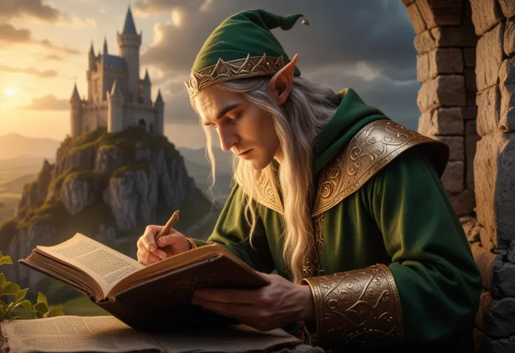(medium full shot) of (long shot ) of mystical elf reading an ancient book, detailed face, located in a magical scene at a ancient wizard's tower during golden hour with overcast weather, illuminated by sunlight, creating a heroic atmosphere, Masterpiece,best quality, photo, realistic, very aesthetic,
