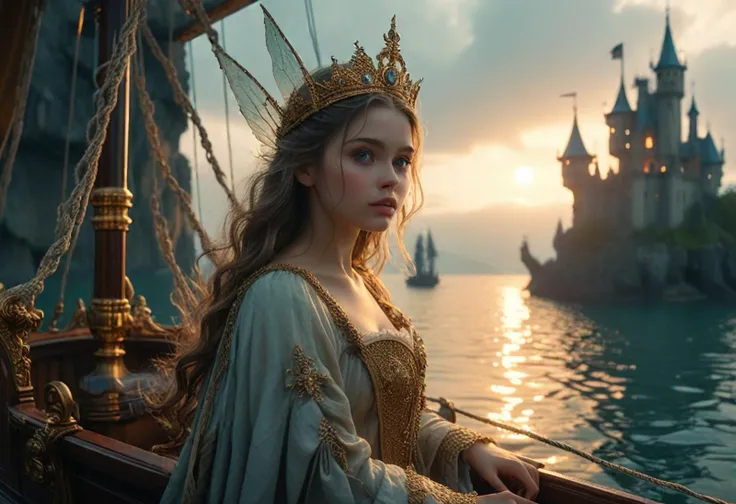 (medium full shot) of (long shot ) of enchanted fairy sailing on a magical ship, detailed face, located in a magical scene at a serene castle during golden hour with overcast weather, illuminated by shimmering light, creating a magical atmosphere, ,Masterpiece,best quality, photo, realistic, very aesthetic