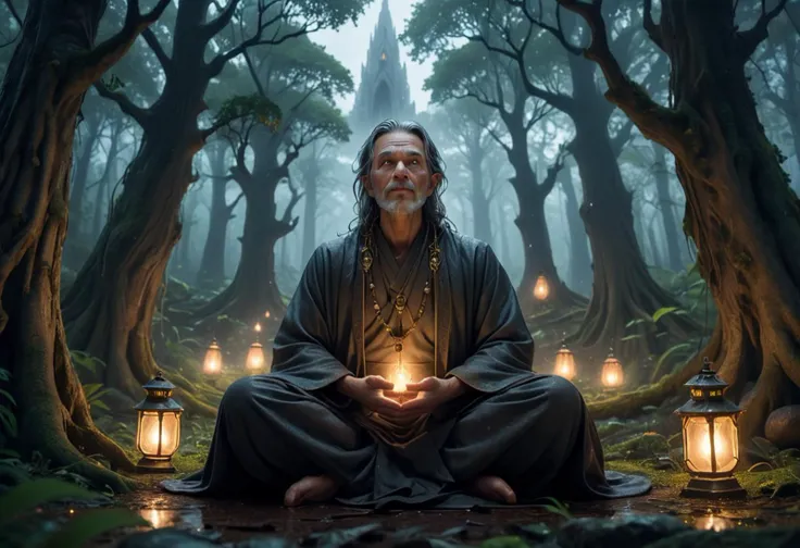 (medium full shot) of (long shot , low angle view) of mysterious sorcerer meditating in a sacred grove, detailed face, located in a magical scene at a enchanted sacred shrine during golden hour with rainy weather, illuminated by lantern light, creating a epic atmosphere, Masterpiece,best quality, photo, realistic, very aesthetic,