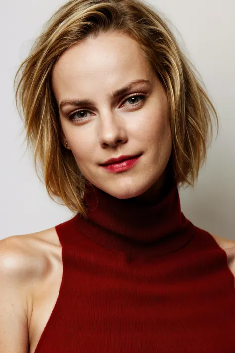 portrait photograph, eye contact, blond, woman in (a red sleeveless cashmere turtleneck:1.2), smirk, plain white background, symmetrical angle, studio lighting, (high detailed skin:1.1)
<lora:0more_details:1> <lora:jena_malone_lora_v01:0.8> jenmalone