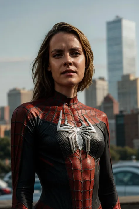 movie still, upper body closeup, Spider-girl suit, New York skylines, sunny, sharp focus, cinematic shot, soft lighting, (high detailed skin:1.1)
<lora:0more_details:1> <lora:jena_malone_lora_v01:0.8> jenmalone
