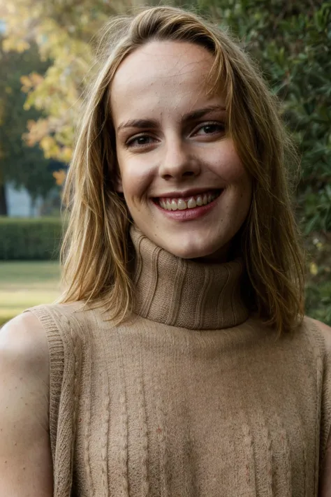 portrait photograph, wearing sleeveless turtleneck sweater, sweet smile, outdoor, natural lighting, (high detailed skin:1.1)
<lora:0more_details:1> <lora:jena_malone_lora_v01:1> jenmalone