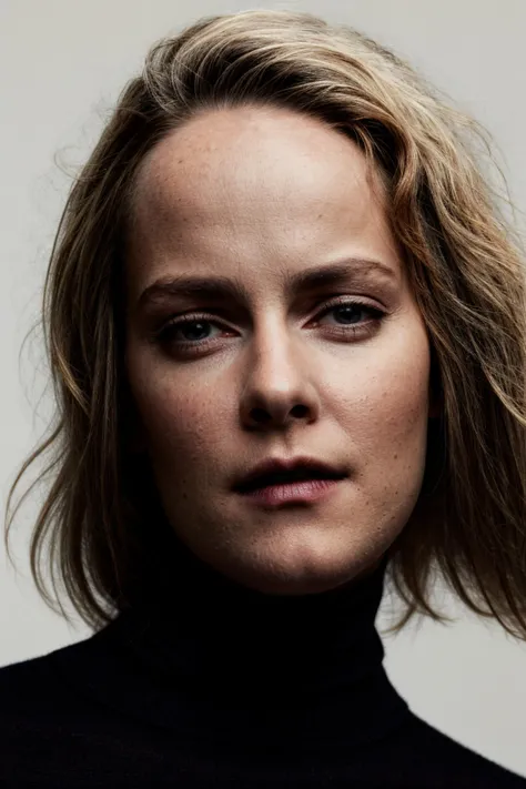 portrait photograph, eye contact, woman in (a black cashmere turtleneck:1.2), plain white background, symmetrical angle, studio lighting, (high detailed skin:1.1)
<lora:0more_details:1> <lora:jena_malone_lora_v01:1> jenmalone