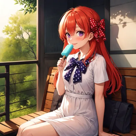 ((anime,anime_still,))masterpiece, best quality,solo,1girl, 1chiyo,sitting on bench, purple eyes,(polka dot red hair bow), small breasts, orange hair,long hair,facing viewer, looking at viewer, summer dress, frills, popsicle, garden, park, trees, vegetation, blushing, smiling,vanishing point
<lora:chiyo:0.85>