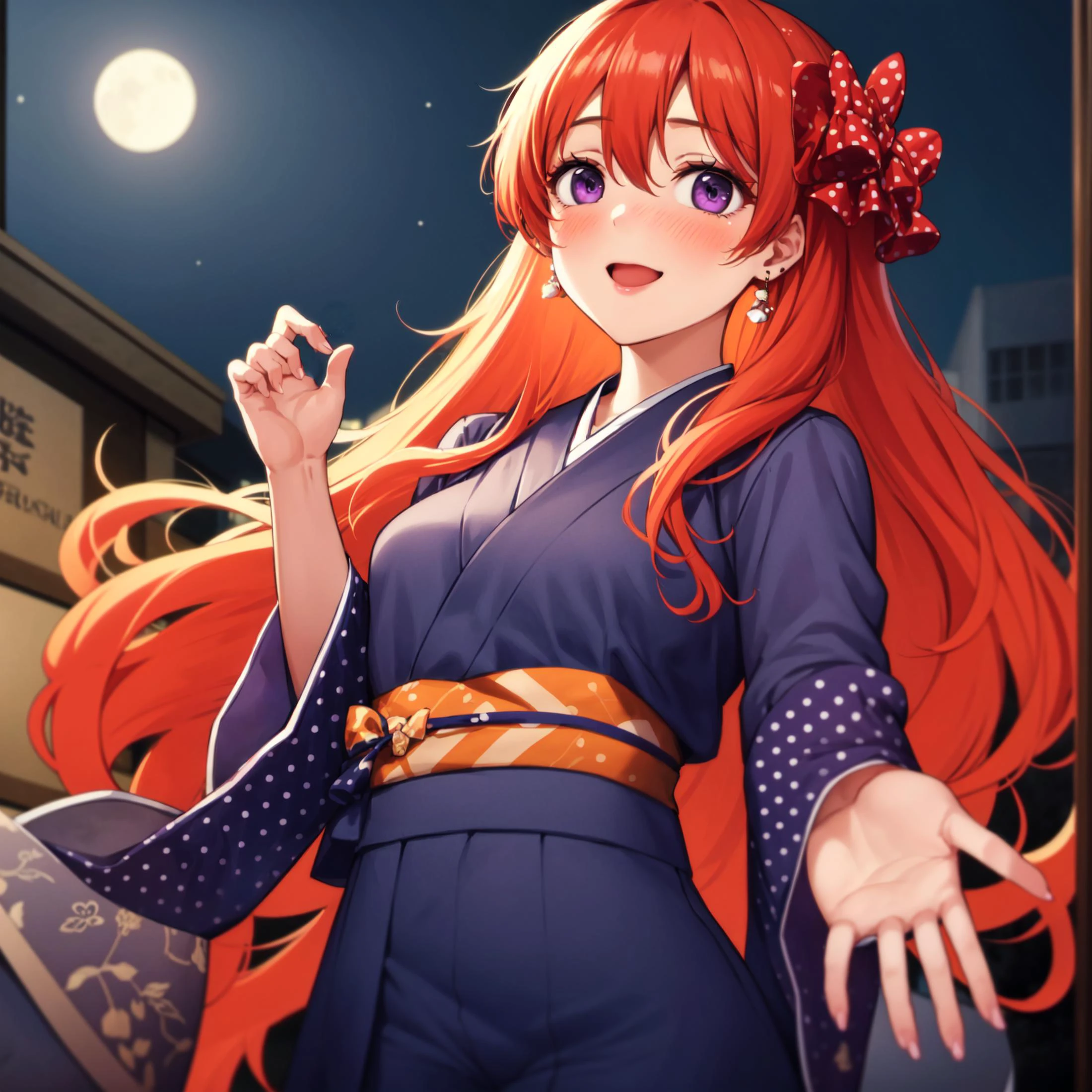 ((anime,anime_still,))masterpiece, best quality,solo,1girl, 1chiyo,standing, purple eyes,(polka dot red hair bow), small breasts, orange hair,long hair,facing viewer, looking at viewer, wearing( kimono), festival, night, moon, crowded, reaching, smiling, blushing,makeup, happy, earrings, pendant,
<lora:chiyo:0.85>