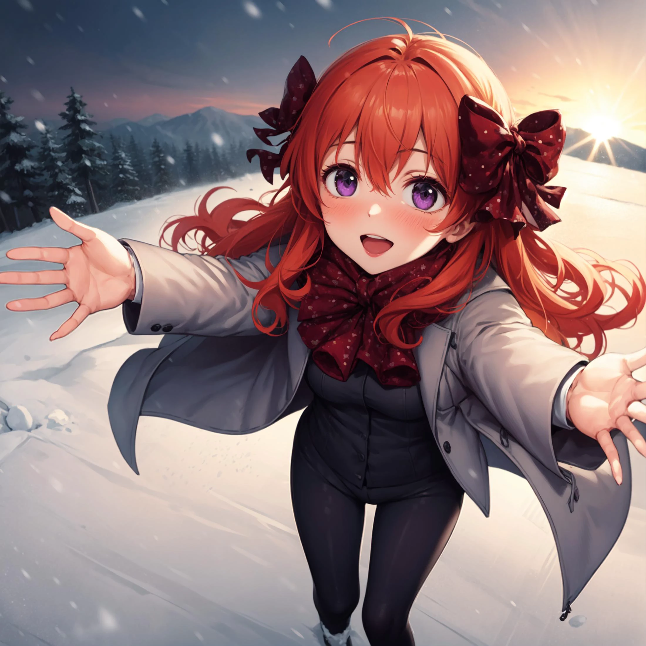 ((anime,anime_still,))masterpiece, best quality,solo,1girl, 1chiyo,standing on hill, purple eyes,((spotted red hair bow)), small breasts, orange hair,long hair,facing viewer, winter clothing from above,winter, snowing, moutains,open arms, looking up, happy, smiling, open mouth, blushing, pants, snow,
<lora:chiyo:0.8>