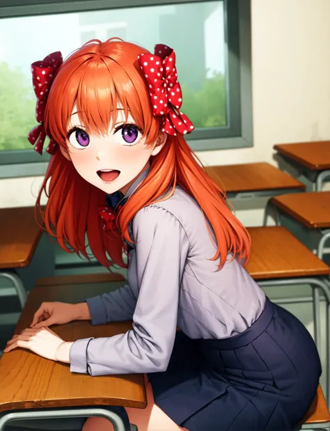 masterpiece, best quality,solo,1girl, (1chiyo:1.18) sitting on chair, purple eyes, bow, red hair bow, small breasts, cute, orange hair,pleated skirt,white shirt, looking at viewer, school, interior, tables, blackboard, window, chair,smiling, open mouth,
<lora:chiyo:1>