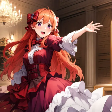 ((anime,anime_still,))masterpiece, best quality,solo,1girl, 1chiyo dance hall, purple eyes,((spotted red hair bow)), small breasts, orange hair,long hair,facing viewer, room, fancy furniture,smiling happpy, open mouth,intricate dress, frills, flower pattern, chandelier, 
detached sleeves,
<lora:chiyo:0.8> <lora:ballgown:0.65> ballgown, wearing a ballgown