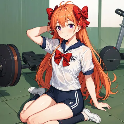 masterpiece, best quality, ultra detailed, 1girl, <lora:chiyo:1>, 1chiyo, bow ,hair bow, full body, gym uniform, looking at viewer,