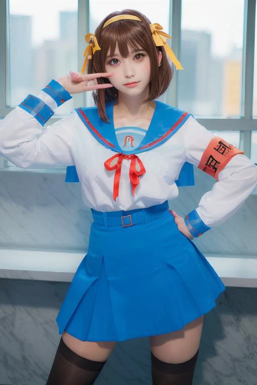 best quality, professional lighting, super detailed, realistic, beautiful detailed eyes, <lora:HaruhiSerafukuV1.2:0.8> haruhi_srf, white long sleeves shirt and blue collar, blue skirt, red ribbon tie, yellow ribbon, red arm band on left arm, black socks <lora:nukumimeru_lora:0.4> <lora:epi_noiseoffset2:0.5> <lora:royta v1.1:0.3> royta