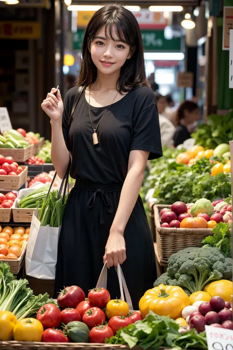 Cinematic still of girl holding shopping bag full of vegetables with paws, shopping with smile in a market. . Shallow depth of field, vignette, highly detailed, high budget, bokeh, Cinemascope, moody, epic, gorgeous, film grain, grainy