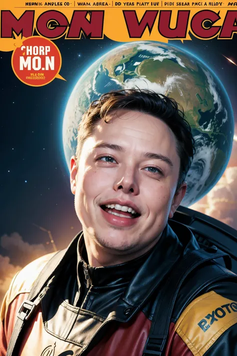 Vintage comic book cover illustration of old and fat Elon Musk laughing manically over the earth exploding