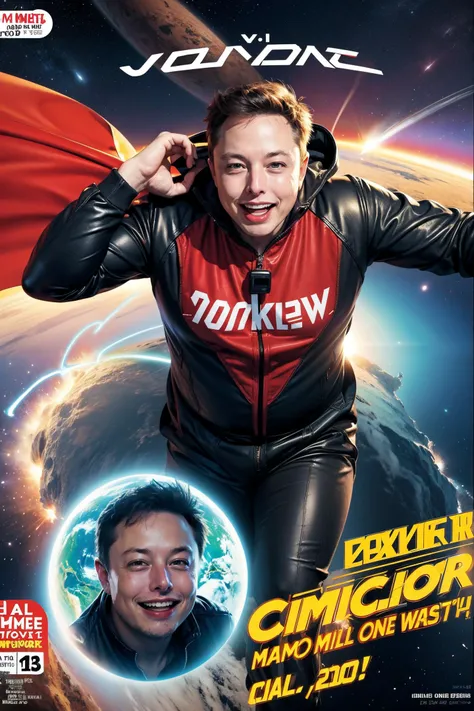 Vintage comic book cover illustration of old and fat Elon Musk laughing manically over the earth exploding