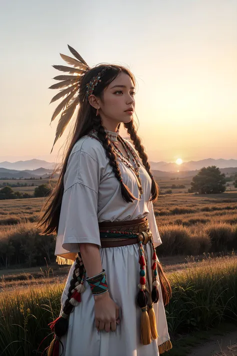 wilderness, rural, outdoors,nature,plains,sunset, dynamic pose
1girl,solo, native american,american indian, traditional clothing,feather ornaments,braids, headdress