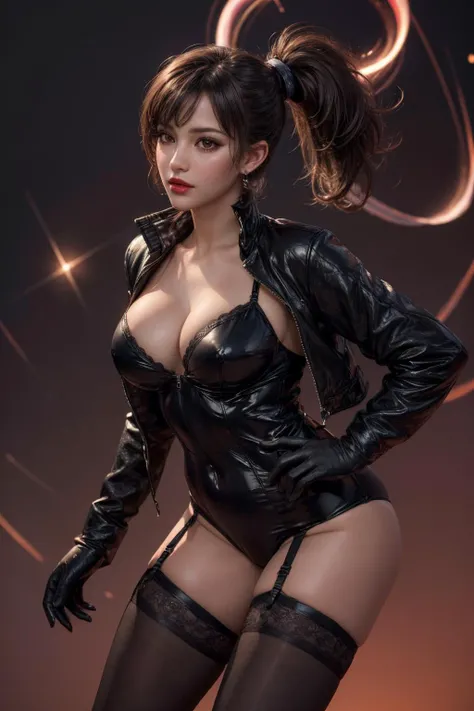 (ultra realistic,32k, masterpiece:1.2),(high detailed skin:1.1),( 8k uhd, dslr, high quality:1.1),
 1girl, black hair, ponytail and bangs,<lora:Jacket & Leotard By Stable Yogi:0.5>leotard, jacket, thighhighs, garter straps, gloves, earrings, cleavage,, , <lora:add_detail:0.99>, (red lips:0.8), (mascara:1.1),(huge breast:0.9),
(looking at viewer, Bend forward:1.1)
,(glowwave:1.1),blank background