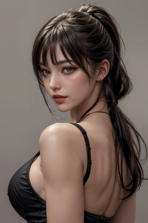 (ultra realistic,32k, masterpiece:1.2),(high detailed skin:1.1),( 8k uhd, dslr, high quality:1.1),
1girl, black hair, ponytail and bangs,<lora:Underboob Cutout Dress By Stable Yogi:0.5>underboob cutout dress,, , <lora:add_detail:0.75>, (red lips:0.8), (mascara:1.1),(huge breast:0.9),
(looking at viewer, Bend forward:1.1)
,(soft shaded:1.1),blank background