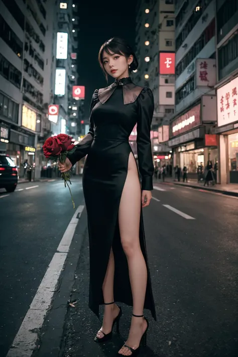 a well lit adult woman poses wearing a full dress with a high collar and side slit, a leg aside, high heels, holding a rose,
A night Hong Kong empty street,
film grain, high quality digital photo, professional shot