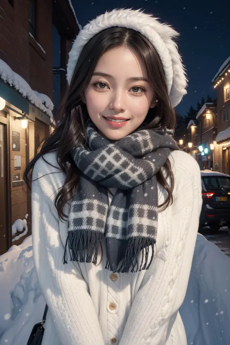 1girl,street,scarf,sweater,night,film grain,snow,smile,happy new year