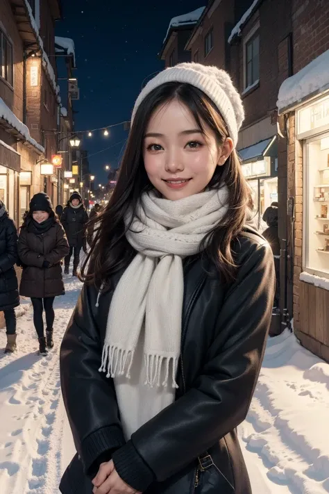 1girl,street,scarf,sweater,night,film grain,snow,smile,happy new year