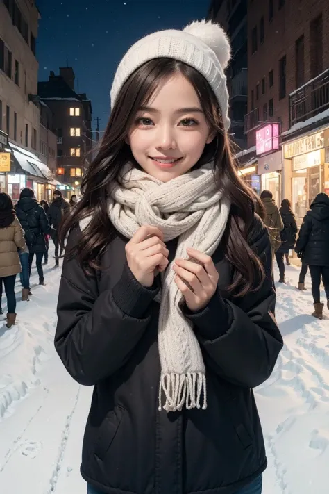 ((highest quality)), ((masterpiece)), (high resolution), perfect face,photorealistic:1.5,((winter、Tokyo、Shibuya、snow scene,town where it&#39;s snowing,japanese idol、japanese women、cute woman、1 girl,(Scarf、gloves、long coat)))、big breasts、woman in her 20s、long black hair、Detailed eyes and lips、Detailed eyes、round face、baby face、looking at the camera、Smile、Big eyes、(knit sweater、skirt、knit dress、((赤いskirt)))、((Precisely drawn hands and fingers、Accurately drawn arms and legs))