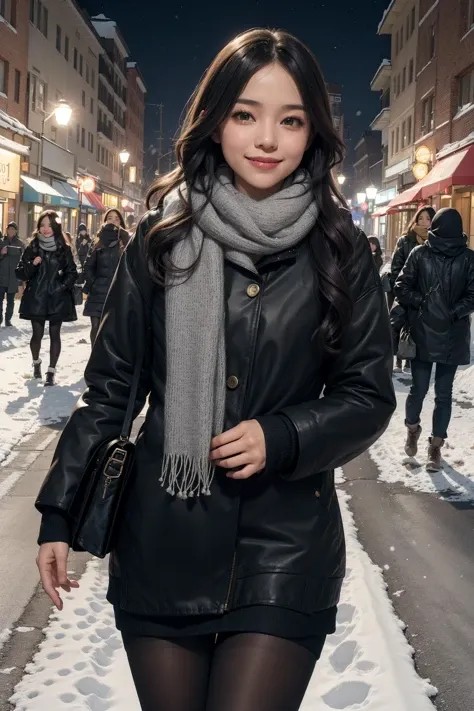 1girl,walking,street,scarf,sweater,black pantyhose,night,film grain,snow,smile