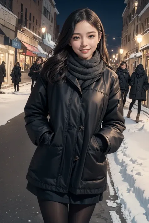 1girl,walking,street,scarf,sweater,black pantyhose,night,film grain,snow,smile,insert pockets with both hands