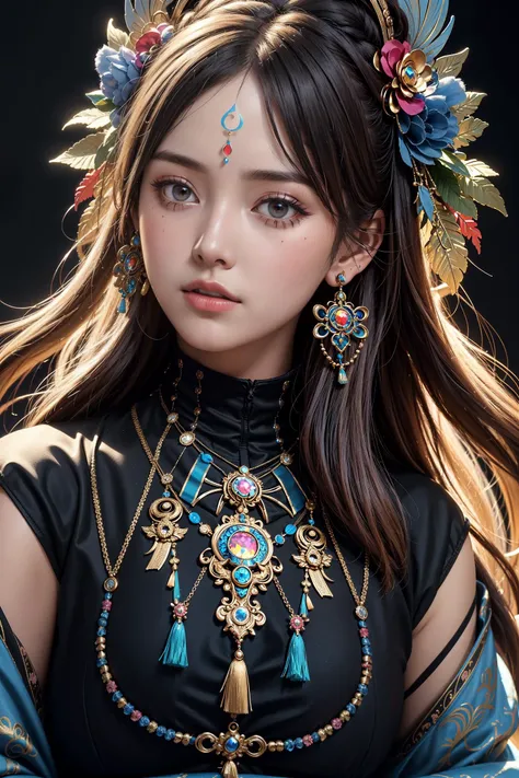 a close up of a colorful mask on a black background, digital art, by Marie Bashkirtseff, extremely detailed goddess shot, carnival on the background, detailed faces, colorful adornments, detailed digital 3d art, detailed face of a woman, colorful, symetrical detailed faces, colorful picture,look at viewer