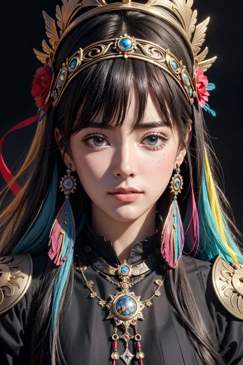 a close up of a colorful mask on a black background, digital art, by Marie Bashkirtseff, extremely detailed goddess shot, carnival on the background, detailed faces, colorful adornments, detailed digital 3d art, detailed face of a woman, colorful, symetrical detailed faces, colorful picture,look at viewer