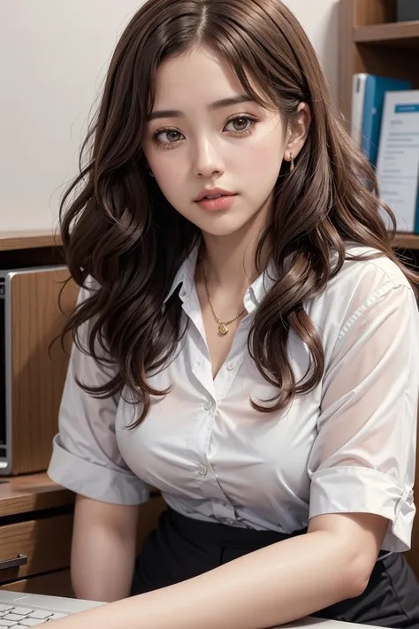 1girl,  light brown hair,  long nose, thick lips,   curly hair,  office lady, office, wavy hair, laptop, sitting, file, file cabinet, desk, 
masterpiece, best quality, intricate, depth of field, 
