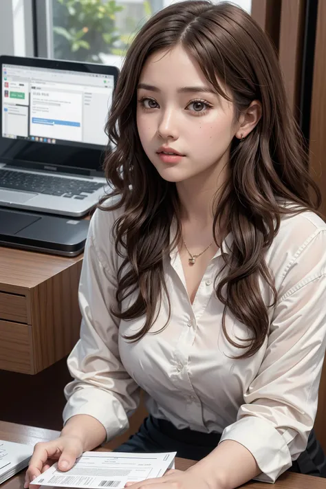 1girl, light brown hair, long nose, thick lips, curly hair, office lady, office, wavy hair, laptop, sitting, file, file cabinet, desk,
masterpiece, best quality, intricate, depth of field,