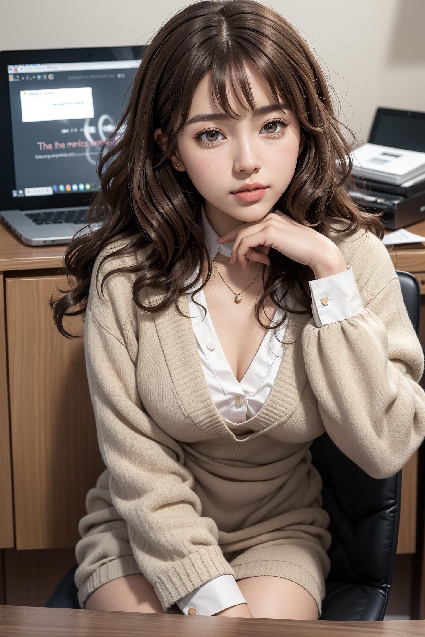 A close up of a woman sitting at a desk with a laptop - SeaArt AI