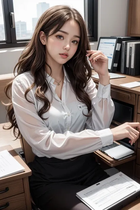 1girl, light brown hair, long nose, thick lips, curly hair, office lady, office, wavy hair, laptop, sitting, file, file cabinet, desk,
masterpiece, best quality, intricate, depth of field,