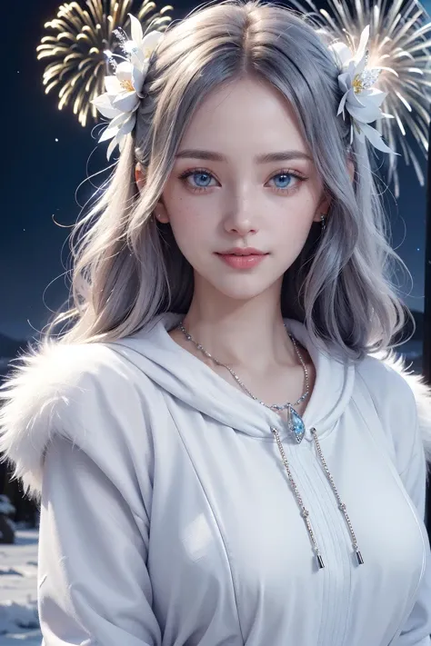 extremely detailed up close photo of a beautiful polar faerie woman, with large beautiful icy blue eyes, wearing a white fur coat, hood, detailed jewelry, shy smile, fireworks dark night background, fantasy, elegant, beautiful dark firework sky background, freckles, holding a wolf pup