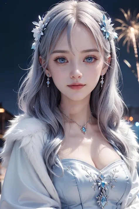 extremely detailed up close photo of a beautiful polar faerie woman, with large beautiful icy blue eyes, wearing a white fur coat, hood, detailed jewelry, shy smile, fireworks dark night background, fantasy, elegant, beautiful dark firework sky background, freckles, holding a wolf pup