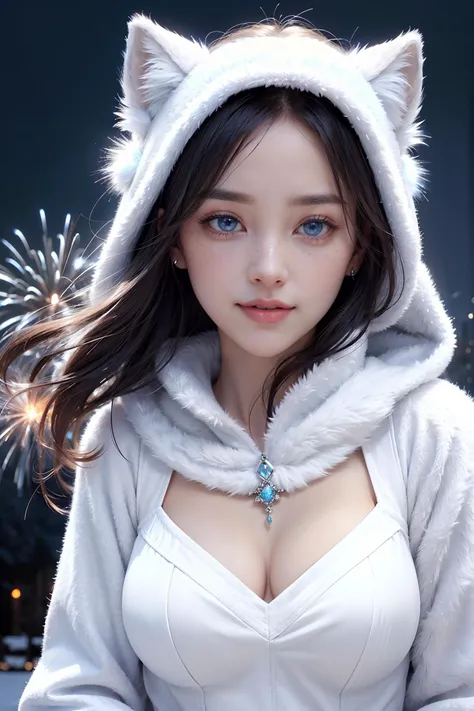 extremely detailed up close photo of a beautiful polar faerie woman, with large beautiful icy blue eyes, wearing a white fur coat, hood, detailed jewelry, shy smile, fireworks dark night background, fantasy, elegant, beautiful dark firework sky background, freckles, holding a wolf pup