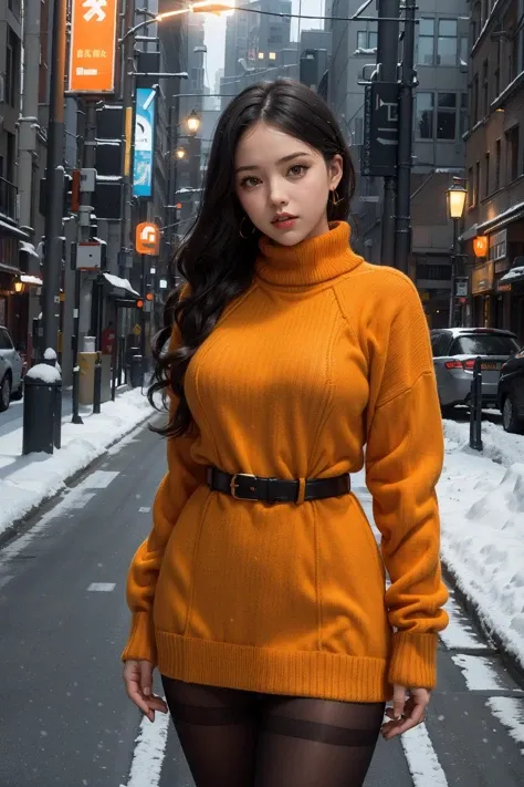 1girl,bbw,(adasweater,bright orange sweater:1.2),turtleneck dress,harness,pantyhose,black gloves,belt,looking at viewer,on street,night,snow,