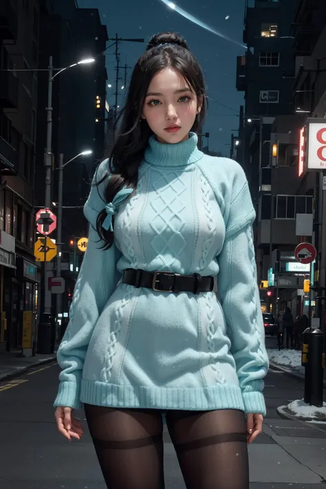 1girl,bbw,(adasweater,bright cyan sweater:1.2),turtleneck dress,harness,pantyhose,black gloves,belt,looking at viewer,on street,night,snow,