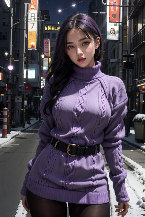 1girl,bbw,(adasweater,bright purple sweater:1.2),BREAK,turtleneck dress,harness,pantyhose,black gloves,belt,looking at viewer,on street,night,snow,
