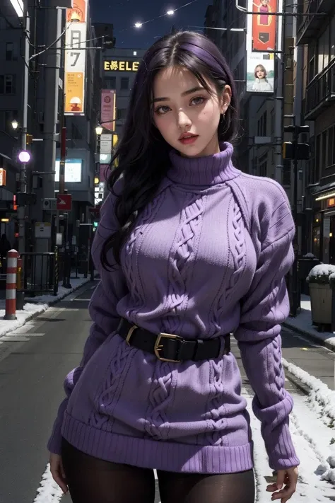 1girl,bbw,(adasweater,bright purple sweater:1.2),BREAK,turtleneck dress,harness,pantyhose,black gloves,belt,looking at viewer,on street,night,snow,