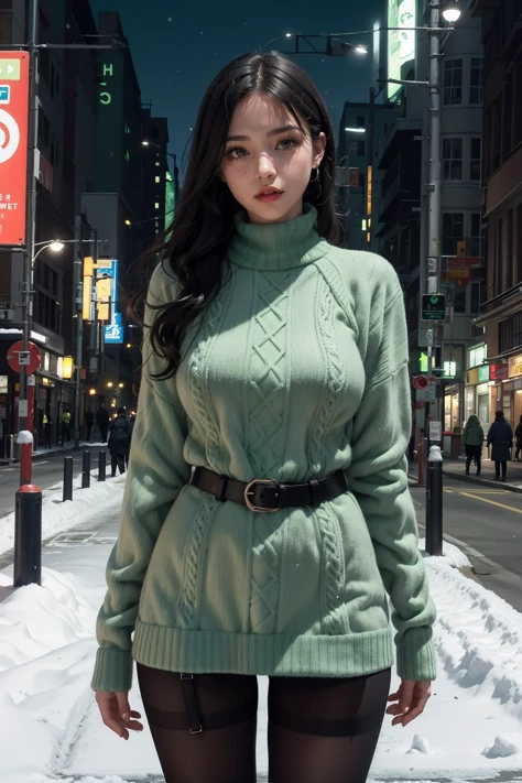 1girl,bbw,(adasweater,bright green sweater:1.2),turtleneck dress,harness,pantyhose,black gloves,belt,looking at viewer,on street,night,snow,