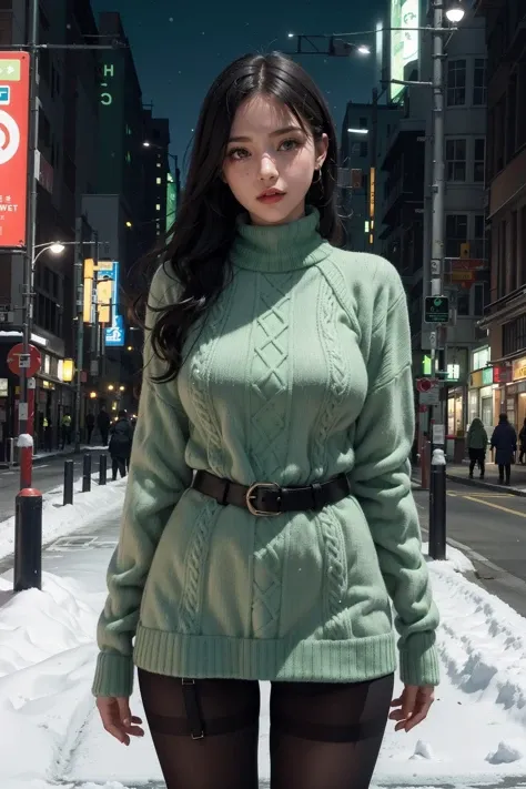 1girl,bbw,(adasweater,bright green sweater:1.2),turtleneck dress,harness,pantyhose,black gloves,belt,looking at viewer,on street,night,snow,