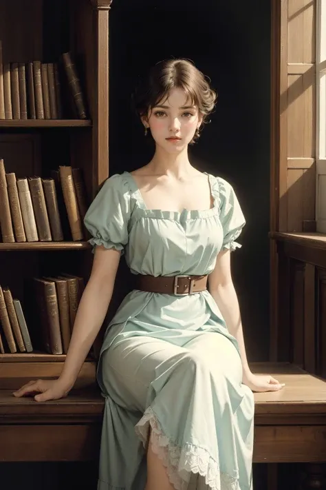 old oil painting by Jessie Willcox Smith and Anne-Louis Girodet, a beautiful lady in a empty library, short haircut, 1880s housewife,