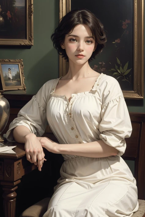 old oil painting by Jessie Willcox Smith and Anne-Louis Girodet, a beautiful lady in a empty library, short haircut, 1880s housewife,