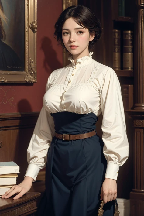 old oil painting by Jessie Willcox Smith and Anne-Louis Girodet, a beautiful lady in a empty library, short haircut, 1880s housewife,huge breasts