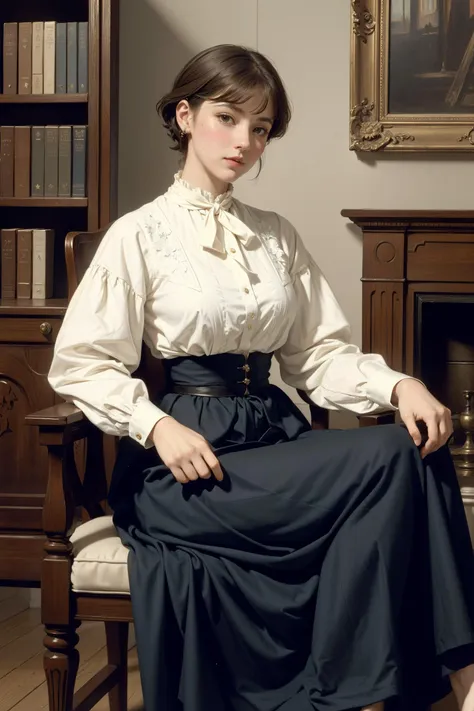 old oil painting by Jessie Willcox Smith and Anne-Louis Girodet, a beautiful lady in a empty library, short haircut, 1880s housewife,