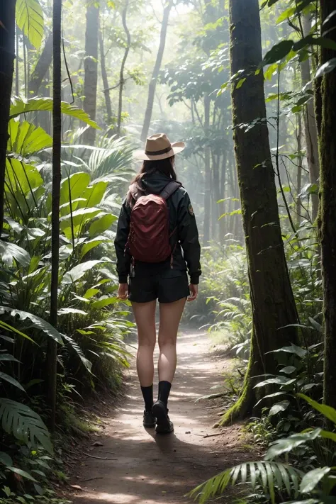 1girl,tall, The intrepid explorer ventured deeper into the dense jungle, the canopy of trees above casting dappled shadows on the forest floor.